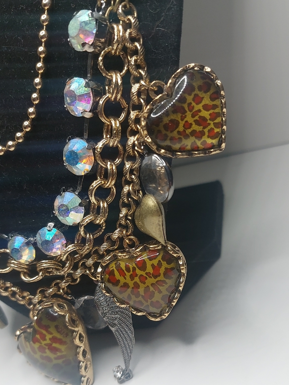 Betsey Johnson Leopard Lucite Puffy Heart Charm 4 Tiered Statement Necklace - Picture 7 of 16